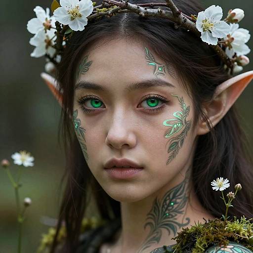 Photorealistic digital portrait of an elven woman with green eyes, dark hair, white flower crown, green leaf tattoos, pointed ears, and moss