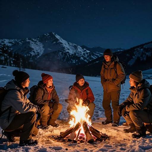 Photograph of four winter-clothed people, squatting around a glowing campfire in a snowy mountain night, under a starry sky.
