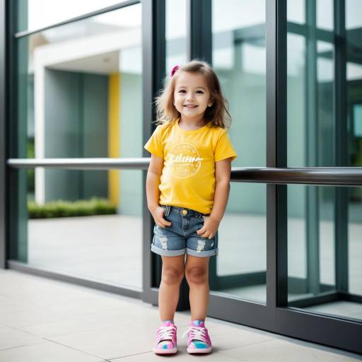 Smiling toddler girl in yellow t-shirt and denim shorts