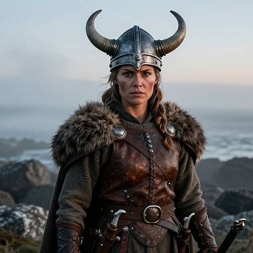 Photograph of a serious, light-skinned woman with braided hair in Viking armor with fur trim, horned helmet, and sword, standing on
