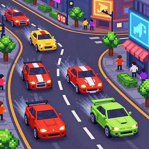 Pixel art city street scene with red, yellow, green sports cars driving on wet roads, surrounded by colorful buildings, trees, and pedestrians.