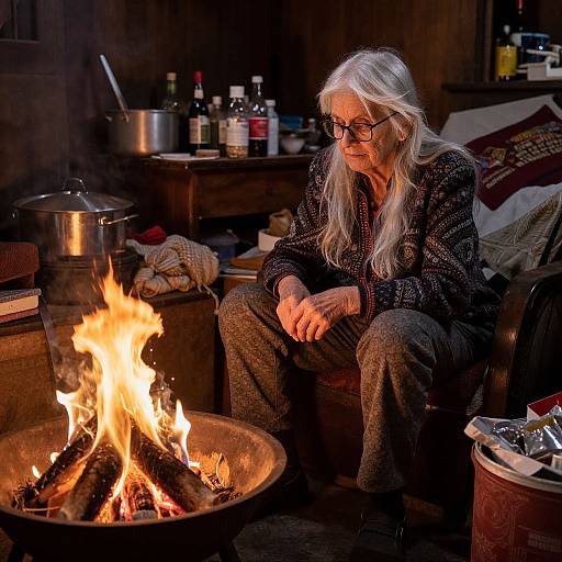 Photograph of an elderly woman with long white hair, glasses, and dark patterned sweater, sitting by a roaring campfire in a dimly lit