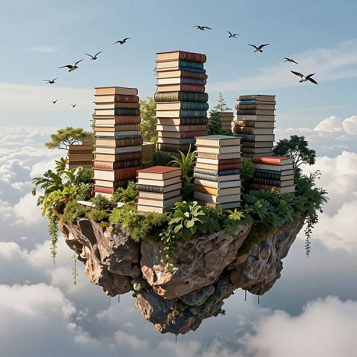Digital artwork of a rocky island floating in the sky, covered in lush greenery, and stacked with numerous colorful books, surrounded by flying birds and fluffy
