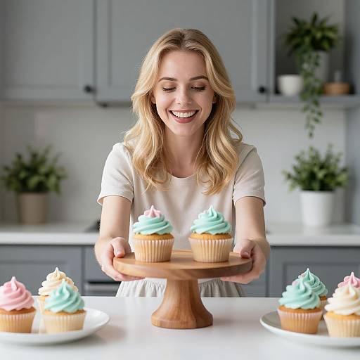 Photograph of a smiling blonde woman in a white shirt, holding a wooden stand with pastel-colored swirled cupcakes in a bright, modern kitchen