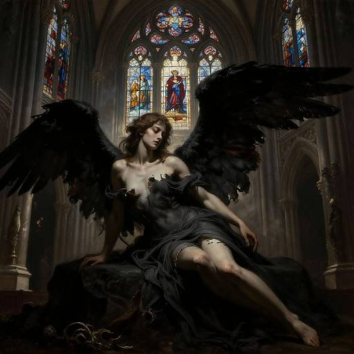 Photograph-like digital art of a dark-winged, semi-nude woman with wavy brown hair, seated in a gothic cathedral, illuminated by
