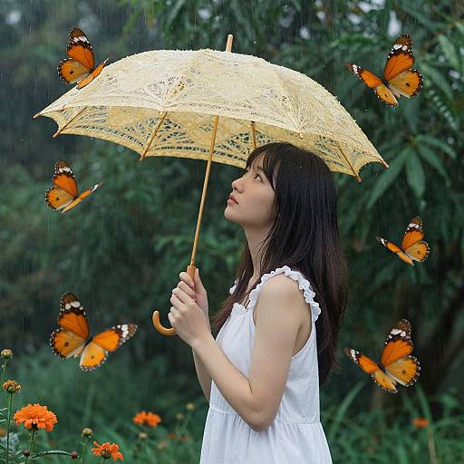 Photograph of an Asian woman with long brown hair, wearing a white dress, holding a lace yellow umbrella, surrounded by eight vibrant orange butterflies, amidst