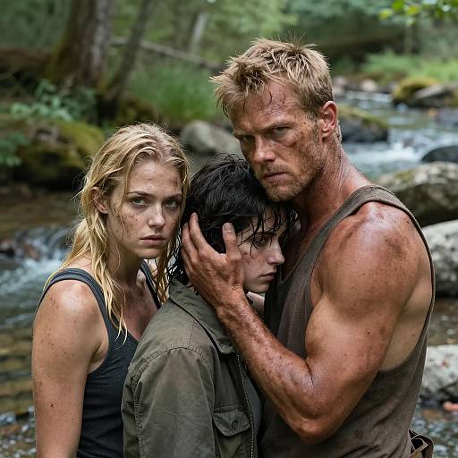 Three People in Forest by Stream