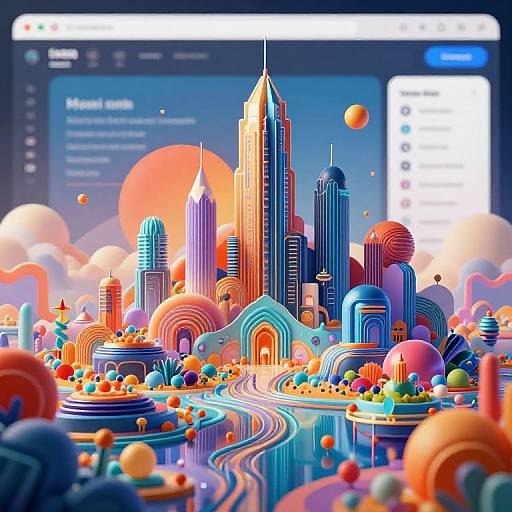 Vibrant digital artwork of a futuristic cityscape with colorful, abstract skyscrapers, neon lights, and floating orbs, viewed on a computer screen