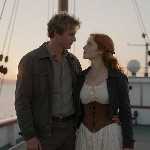 Couple Embracing on Ship at Sunset