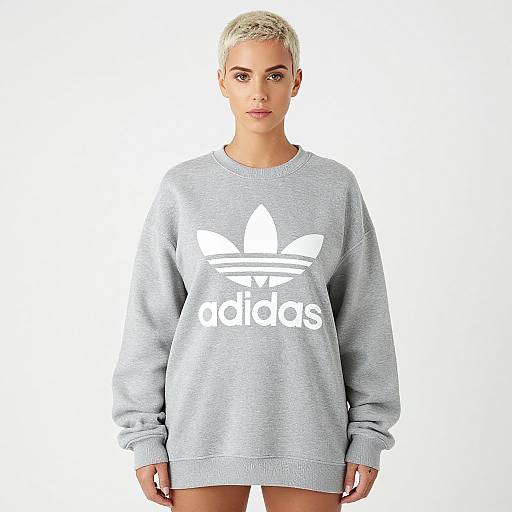 Photograph of a blonde woman with short hair, wearing a light gray Adidas sweatshirt with white logo, standing against a white background.