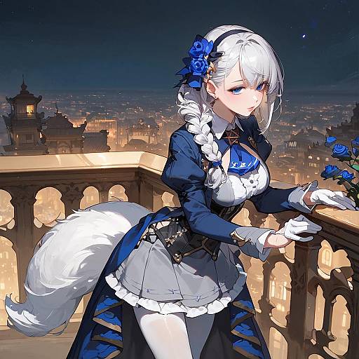 Elegant White-Haired Foxgirl on Balcony