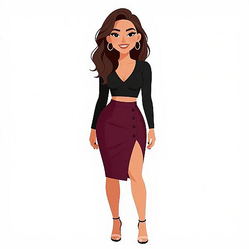 Digital illustration of a smiling woman with long brown hair, wearing a black crop top, maroon skirt with side slit, and black heels, against a