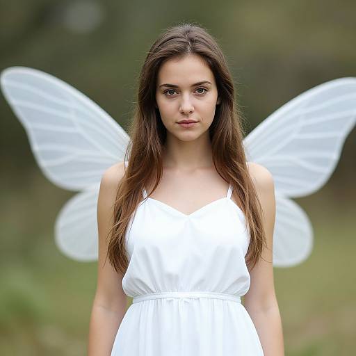 Photograph of a young woman with long brown hair, wearing a white dress and white fairy wings, standing in a blurred green outdoor background.