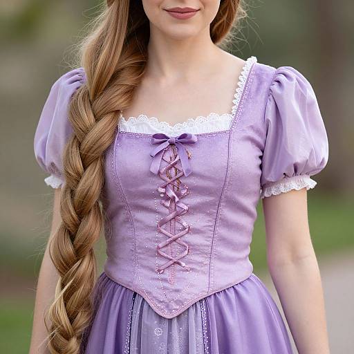 Photograph of a young woman with long, braided brown hair in a lavender, medieval-style dress with white lace trim and pink ribbon lacing,