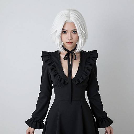 Digital CGI image of a pale-skinned woman with white hair, wearing a black, ruffled, long-sleeve dress with a deep V-neck