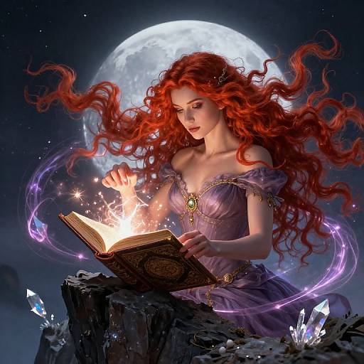 Digital art of a red-haired woman with wavy hair, wearing a purple off-shoulder dress, casting a spell from a glowing book under a