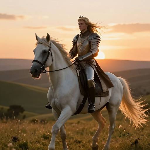 Photograph of a blonde woman in medieval armor with a crown, riding a white horse at sunset in a grassy hill landscape.