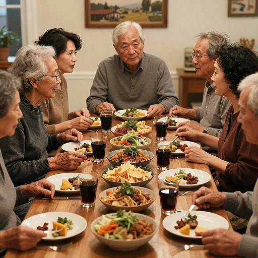 Elderly Asian Neighbors Sharing Meal Together