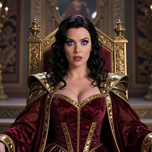 Digital CGI image of a dark-haired woman with glowing purple eyes, wearing a deep burgundy velvet gown with gold-trimmed shoulders, seated on an
