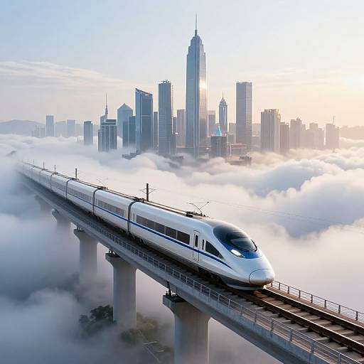 Photograph of a futuristic white bullet train soaring above a misty cityscape, with towering skyscrapers in the background.