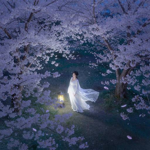 Ethereal photograph of a woman in a flowing white dress, illuminated by a lantern, surrounded by glowing purple cherry blossom trees at night.