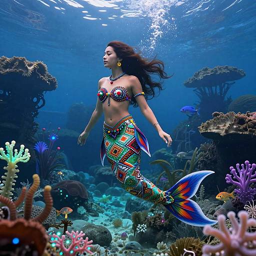 Photograph of a colorful mermaid with long dark hair, patterned tail, and yellow earrings, swimming underwater amidst vibrant coral reefs and marine life.