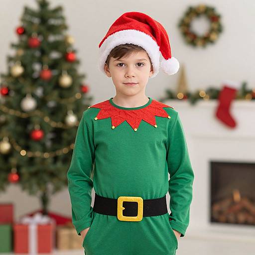 Photograph of a young boy with light skin, brown hair, wearing a red Santa hat, green elf costume with red star collar, black belt,