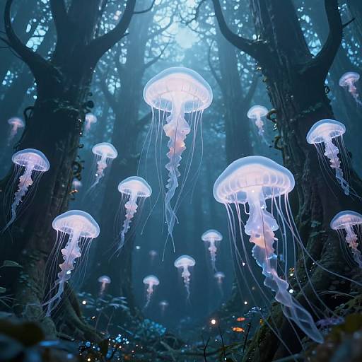 Photograph of a mystical forest illuminated by glowing blue jellyfish-like creatures, with ethereal light and translucent, flowing tentacles.