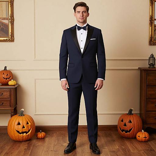 Photograph of a handsome man in a black tuxedo with white shirt, standing in a room with carved pumpkins and wooden furniture.