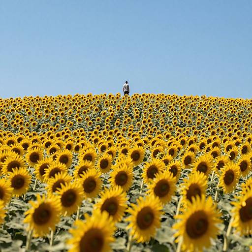 Photograph of a vast sunflower field under a clear blue sky, with a single person standing in the distant center.