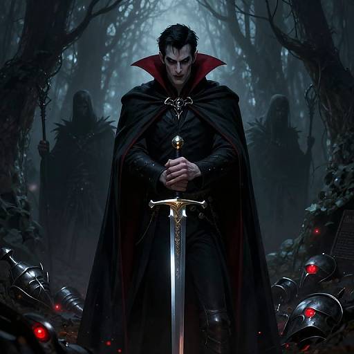Dark, brooding vampire warrior in black cloak with red lining, holding sword, surrounded by glowing red helmets in eerie forest. Digital art.