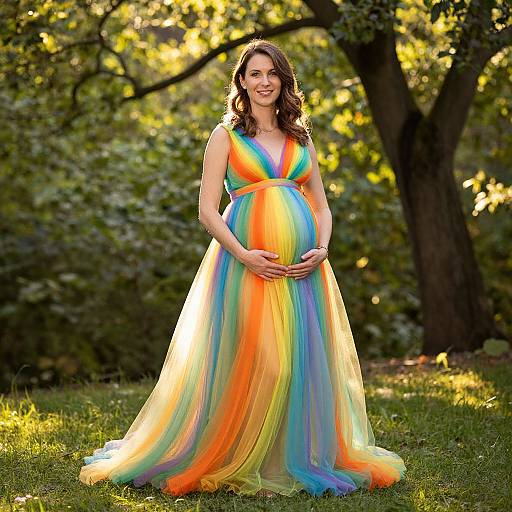 Pregnant woman in a vibrant, rainbow-colored, sleeveless gown stands in a sunlit, leafy garden, gently cradling her baby