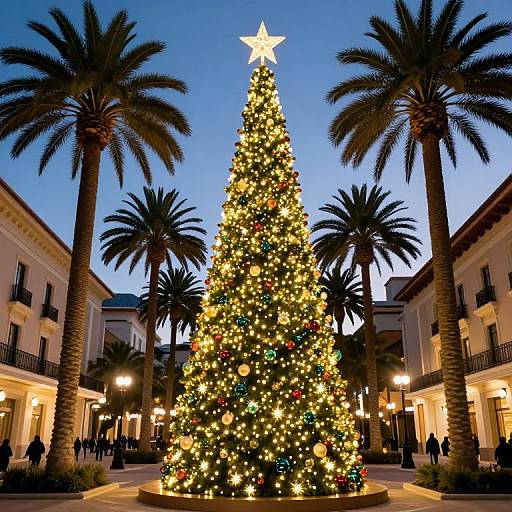 Photograph of a brightly lit, towering Christmas tree with a yellow star top, adorned with red, blue, and gold ornaments, surrounded by palm trees