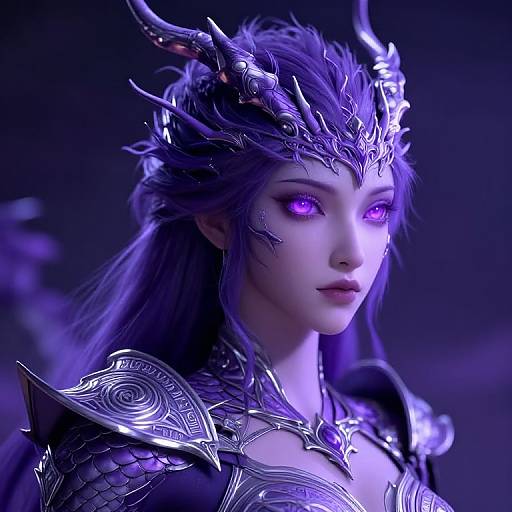 CGI fantasy portrait of a mysterious, ethereal woman with glowing purple eyes, dark purple hair, ornate silver armor, and a horned crown
