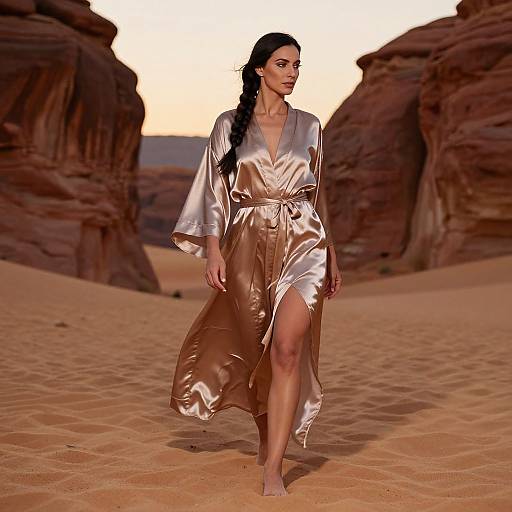 Photograph of a woman with long black hair, wearing a shiny, silver satin robe with a thigh-high slit, walking barefoot through a desert with