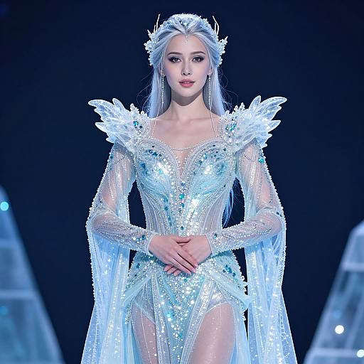 Photograph of a pale-skinned, white-haired model in a shimmering, ice-blue, sheer, long-sleeved dress with feather-like shoulders