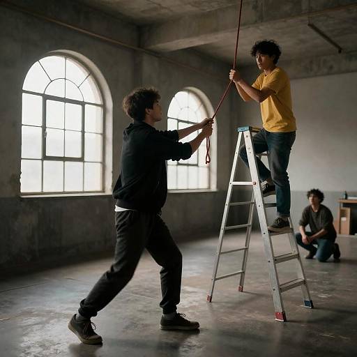 Tense Industrial Standoff with Ladder