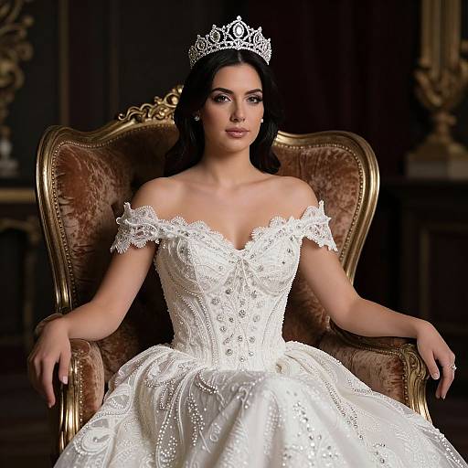 Photograph of a fair-skinned, dark-haired woman with a silver tiara, wearing an off-shoulder, lace-embellished white