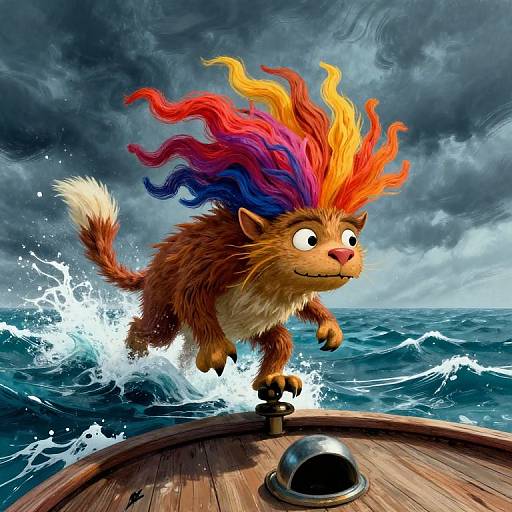Digital illustration of a whimsical, fiery-maned cat with wide eyes, leaping onto a wooden ship's deck in stormy ocean waters.