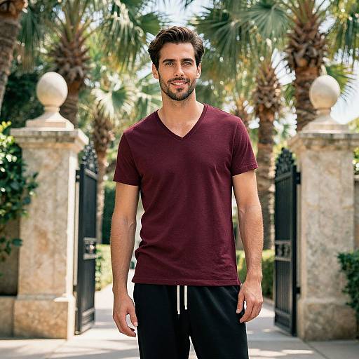 Photograph of a smiling, bearded man with dark hair, wearing a maroon V-neck t-shirt and black pants, standing in a sunny,