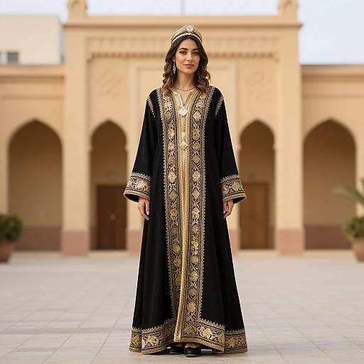Photograph of a woman with long brown hair wearing a black and gold embroidered traditional long dress, standing in front of a beige, arched courtyard.
