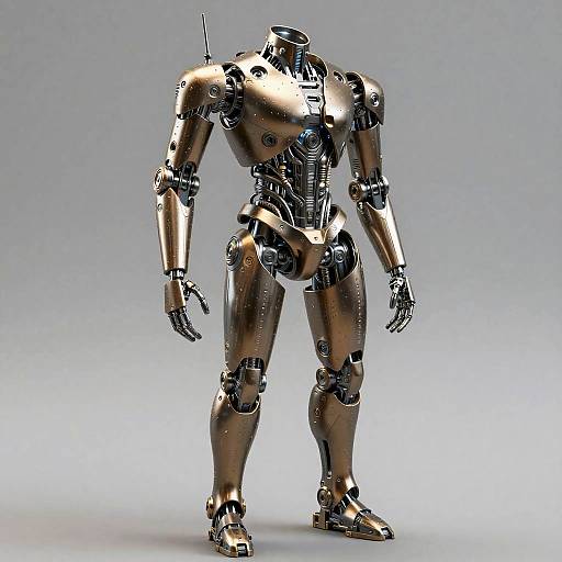 Photograph of a shiny, silver, humanoid robot with intricate mechanical joints and wiring, standing against a plain gray background.