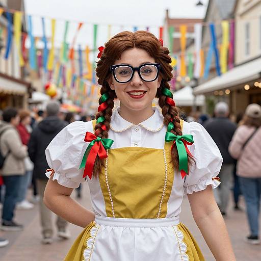 Photograph of a smiling woman in a yellow apron and white puffed-sleeve blouse with braided hair and red-green ribbons, wearing