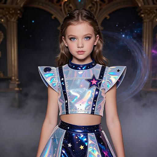 Photograph of a young girl with fair skin and blue eyes, wearing a shiny, metallic, star-patterned crop top and skirt, standing in a
