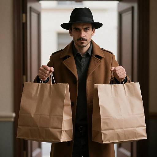 Man in Fedora Holding Paper Bags