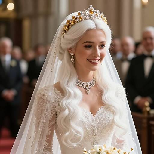 Photograph of a smiling, white-haired bride in a detailed, white lace wedding dress with veil, tiara, and pearl necklace, surrounded by blurred