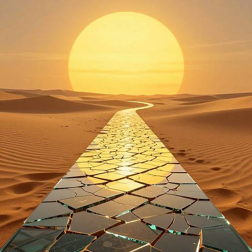 Photograph of a cracked, reflective path leading to a glowing, orange sun in a desert, with golden sand dunes on either side.