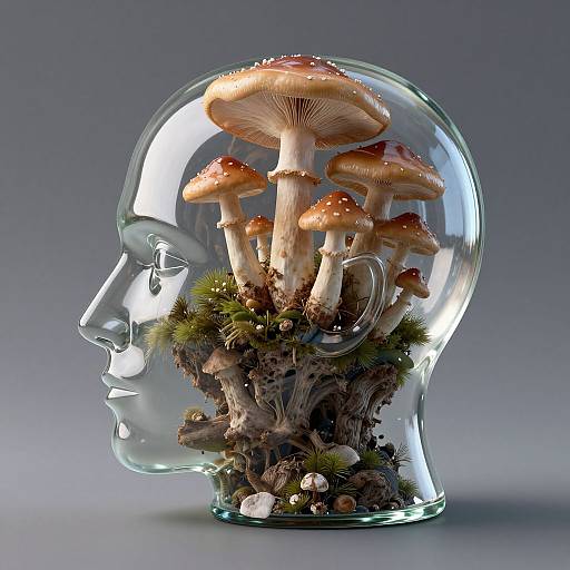 Photograph of a clear glass human head silhouette filled with brown and white mushrooms, moss, and small rocks, set against a gray gradient background.