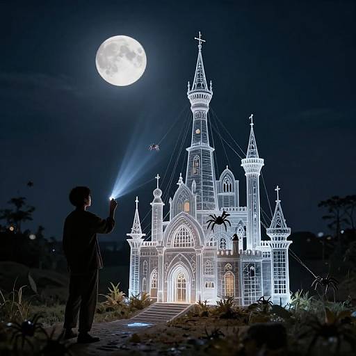 Photograph of a silhouetted man shining a laser pointer at a glowing, intricate white castle under a full moon, with a small bat flying