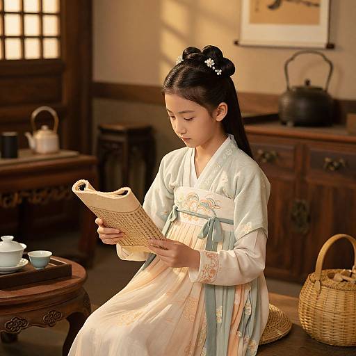 Young Asian girl in traditional white and pastel kimono reads a book in a sunlit, wooden-furnished room with tea set and wicker basket